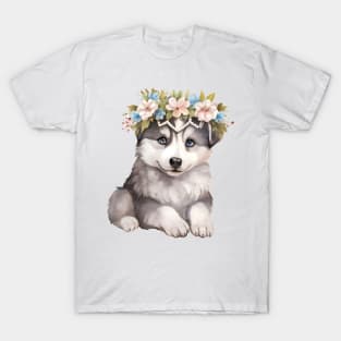 Watercolor Siberian Husky Dog with Head Wreath T-Shirt